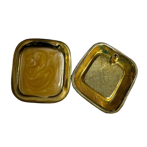 Gold Tone And Cream Pierced Earrings Square Costume Jewelry - Picture 3 of 5